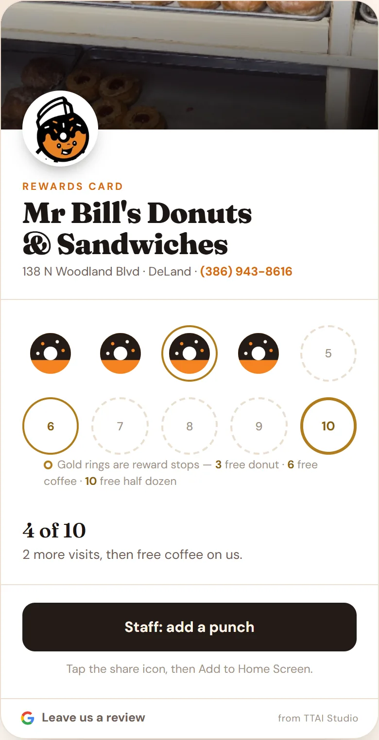 Mr Bill's Donuts & Sandwiches digital rewards card showing four of 10 visits